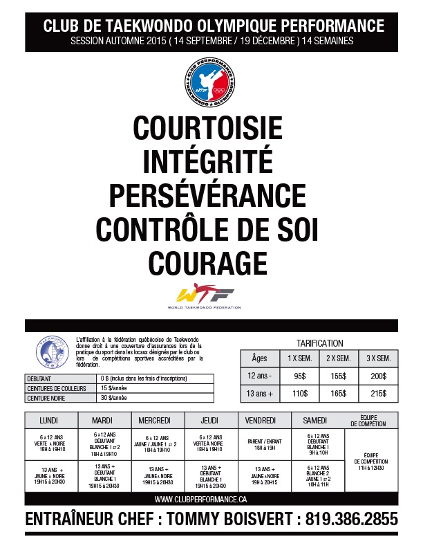 Club de Taekwondo Trois-Rivières - Horaire automne 2015